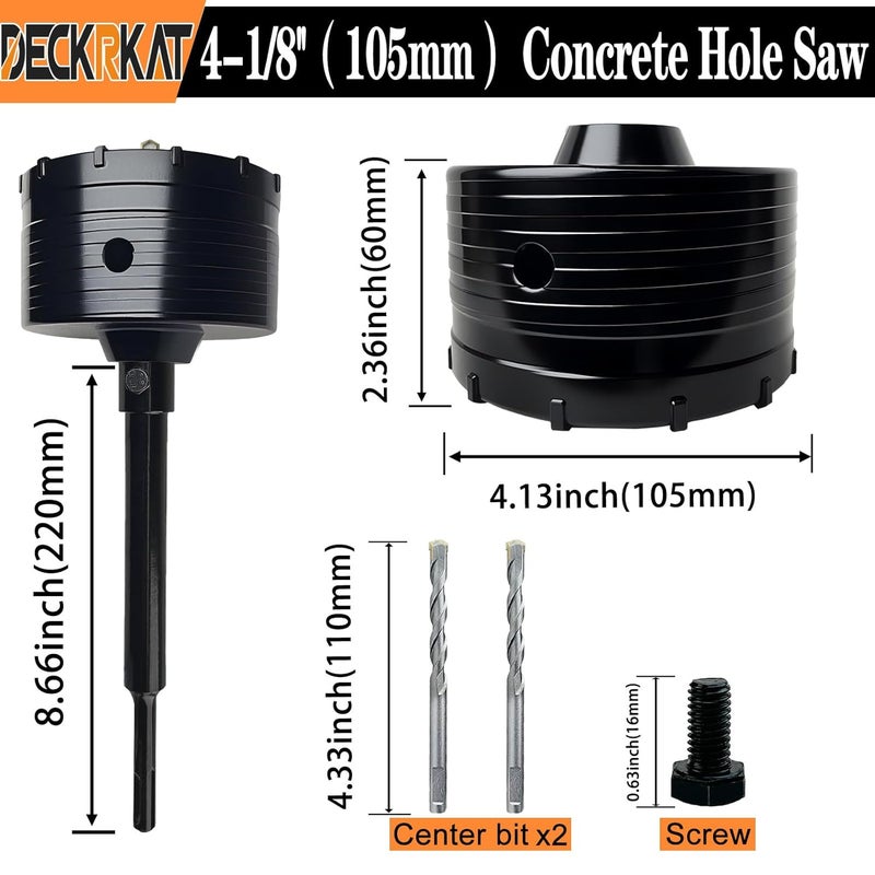 DECKRKAT 4-1/8" Concrete Hole Saw Kit,Electroplated Black Quenching Tech,Heavy-Duty Thickened Alloy Teeth,SDS Plus Shank & 2 Center Bits for Concrete,Brick,Stone. - Image 2